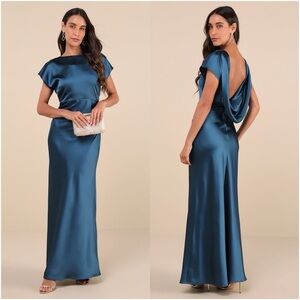 LULU’S Captivating Presence Dark Teal Satin Cowl Back Maxi Dress